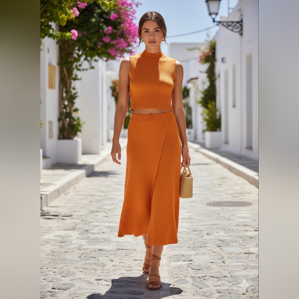 Maeve By Anthropologie Elegant Orange Ribbed Knit Skirt/Top Set